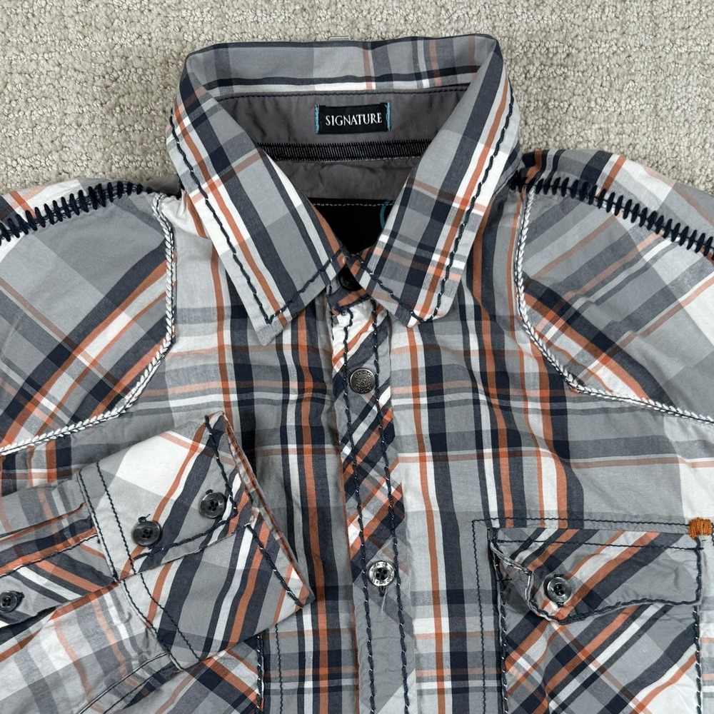Roar Signature Mens Large Gray Plaid Embroidered Long Sleeve Button Up Shirt